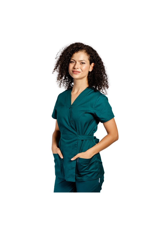 Costum medical verde tuborg, cu bluza tip kimono si pantaloni verzi cu elastic