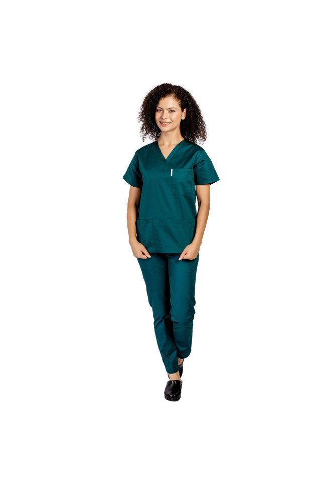 Costum medical tuborg cu bluza cu anchior in forma V si pantaloni tuborg cu elastic