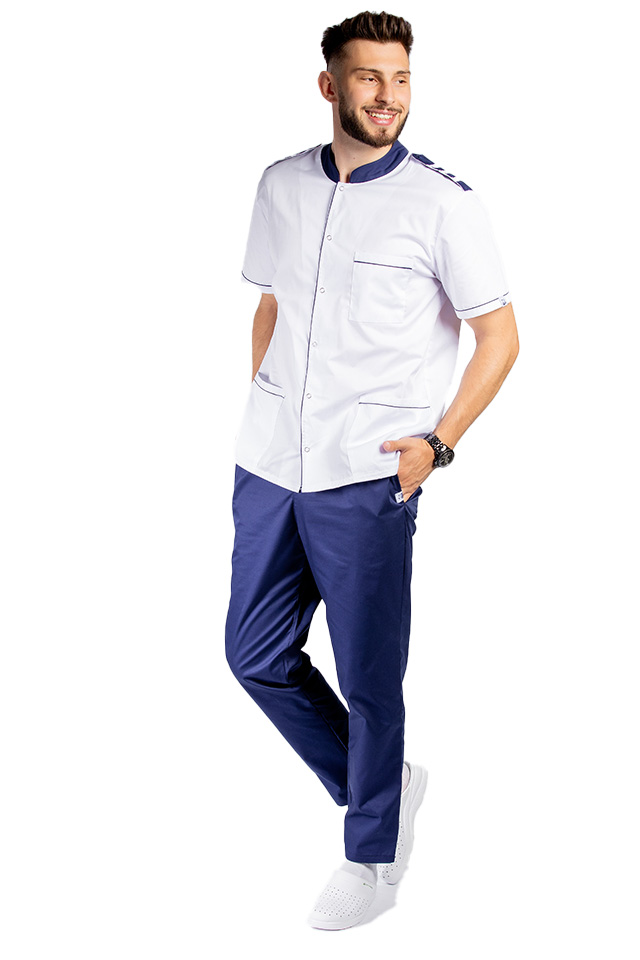 Costum medical tip tunica, cu bluza alb cu paspol bleumarin, epoleti si pantaloni bleumarin cu elastic