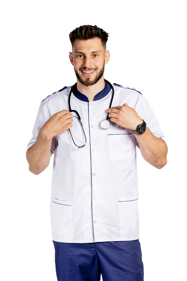 Costum medical tip tunica, cu bluza alb cu paspol bleumarin, epoleti si pantaloni bleumarin cu elastic