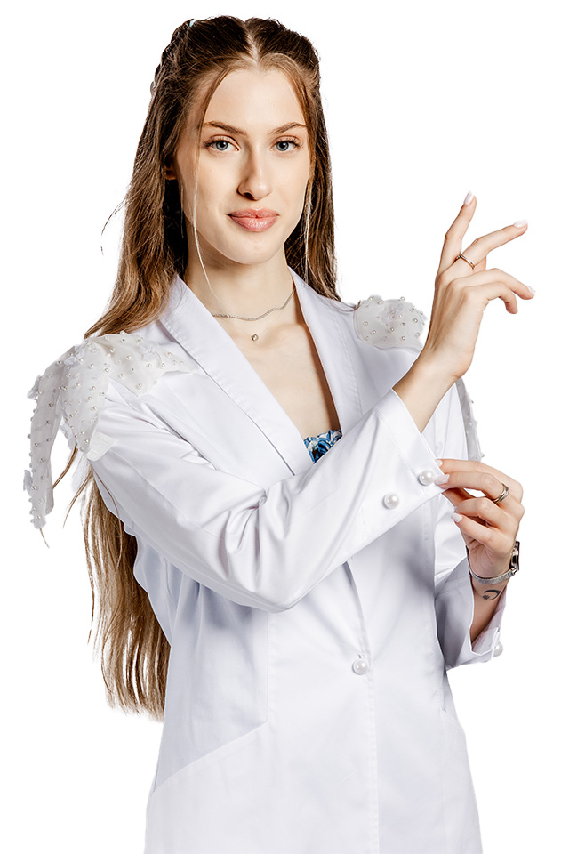 Halat medical alb Ivana, dama, cu guler sal, nasturi tip perluta, doua fundite si maneca lunga