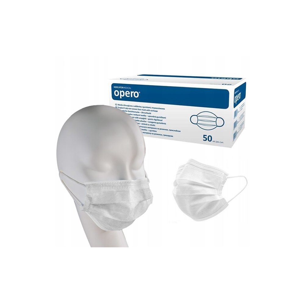 Masti medicale opero tip IIR, 3 straturi, cu elastic, 50 bucati pe cutie, culoare alba