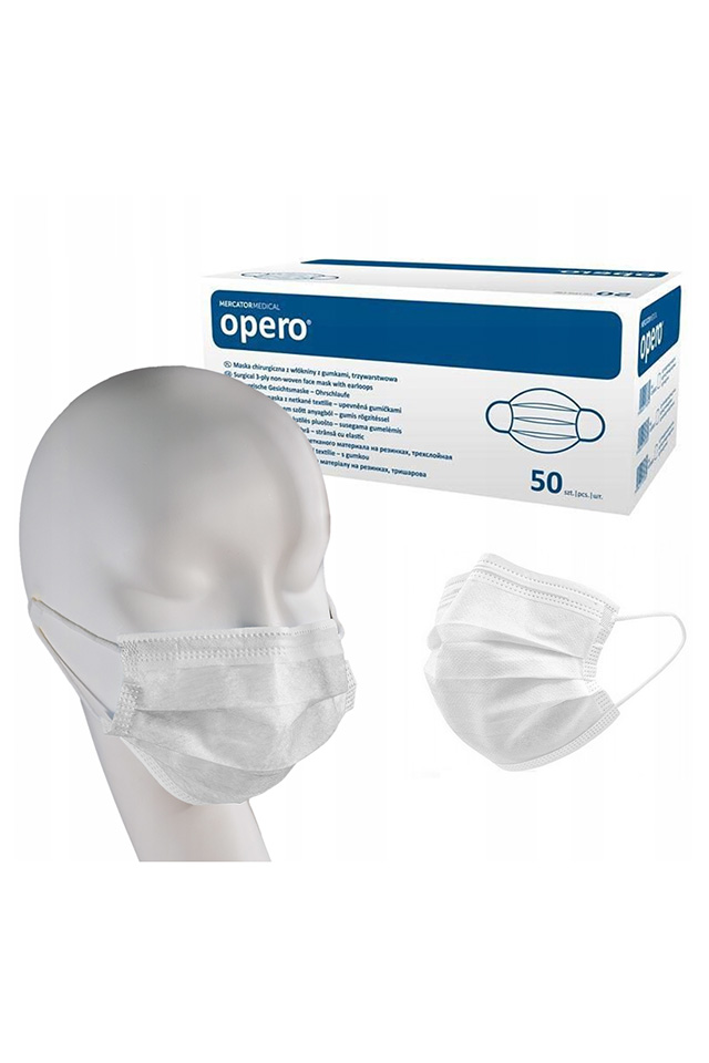 Masti medicale opero tip IIR, 3 straturi, cu elastic, 50 bucati pe cutie, culoare alba