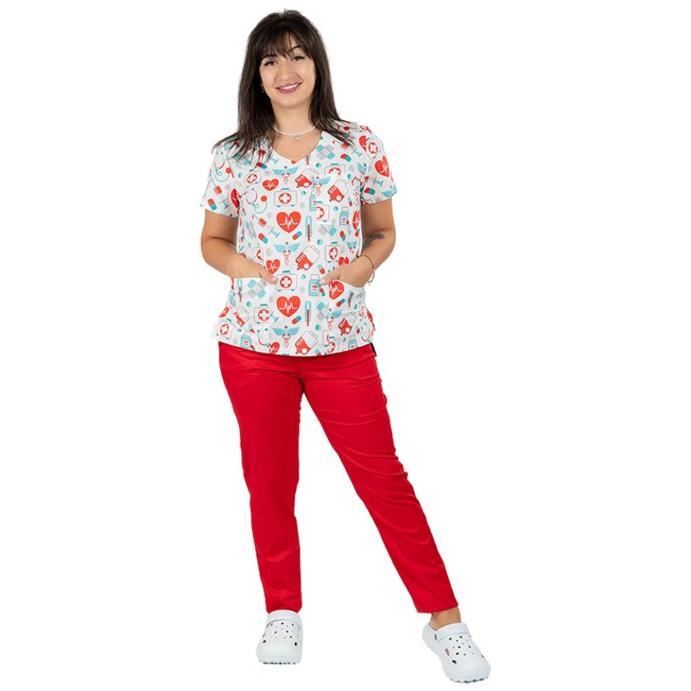 Costum medical imprimat sanitario cu elastan si pantaloni cu elastic