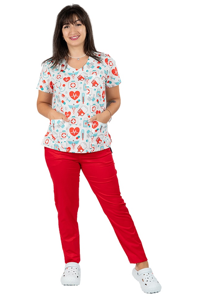 Costum medical imprimat sanitario cu elastan si pantaloni cu elastic
