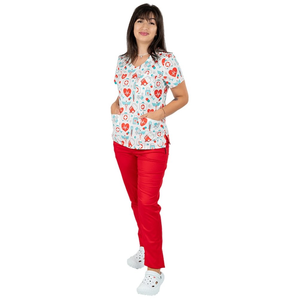 Costum medical imprimat sanitario cu elastan si pantaloni cu elastic