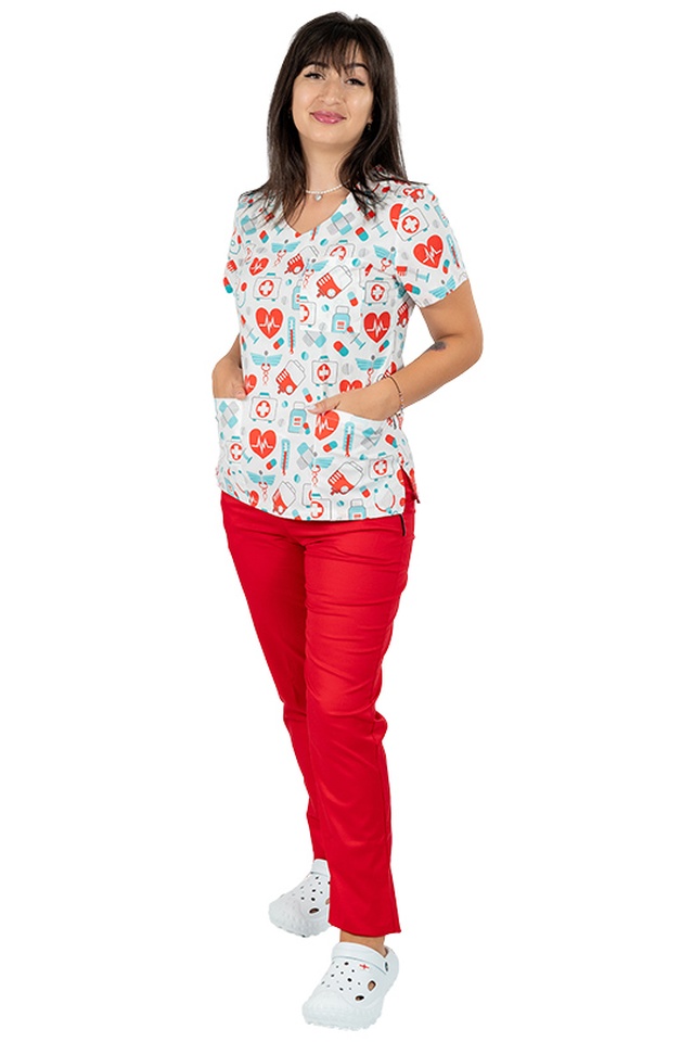 Costum medical imprimat sanitario cu elastan si pantaloni cu elastic