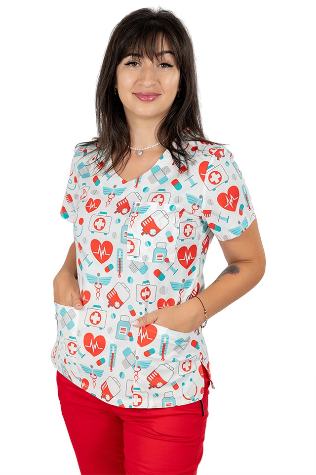 Costum medical imprimat sanitario cu elastan si pantaloni cu elastic