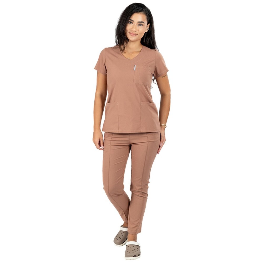 Costum medical stretch cappuccino cu bluza in V si pantaloni cu snur si elastic