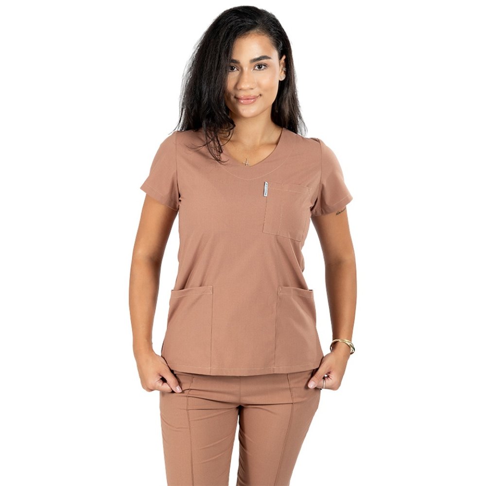 Costum medical stretch cappuccino cu bluza in V si pantaloni cu snur si elastic