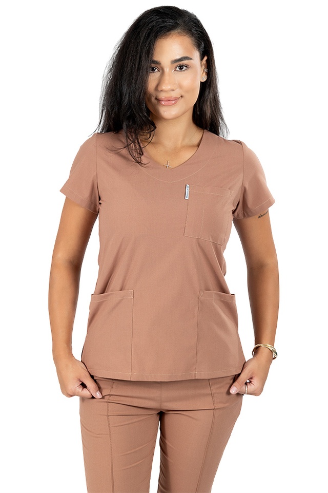 Costum medical stretch cappuccino cu bluza in V si pantaloni cu snur si elastic