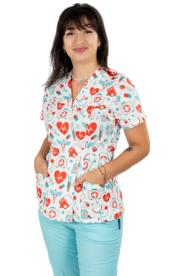 Costum medical kimono sanitario cu imprimeu si pantaloni elastic