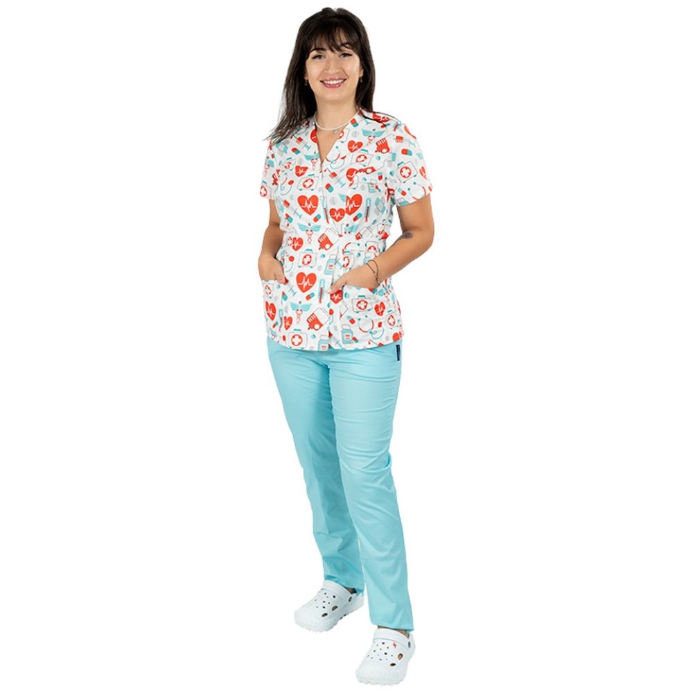 Costum medical kimono sanitario cu imprimeu si pantaloni elastic