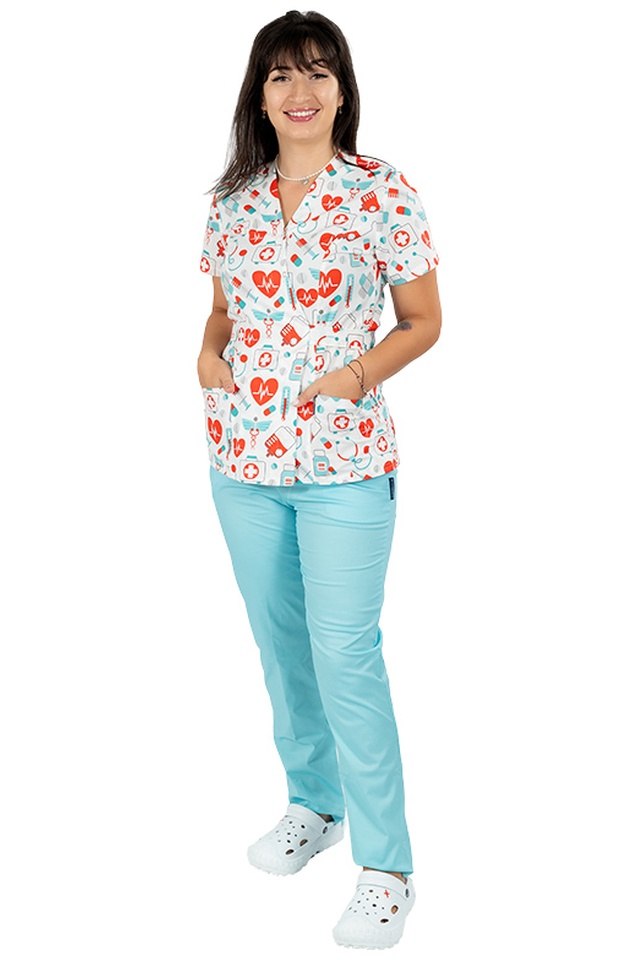 Costum medical kimono sanitario cu imprimeu si pantaloni elastic