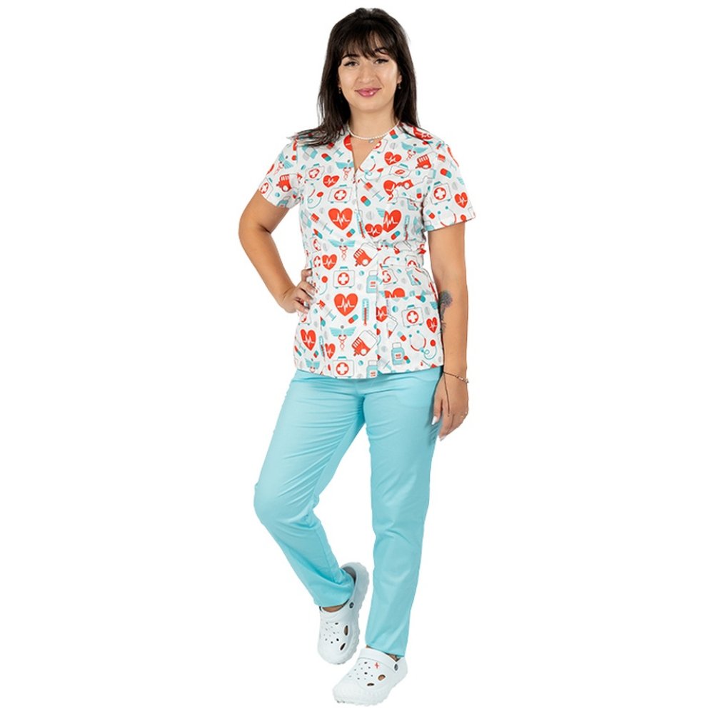 Costum medical kimono sanitario cu imprimeu si pantaloni elastic
