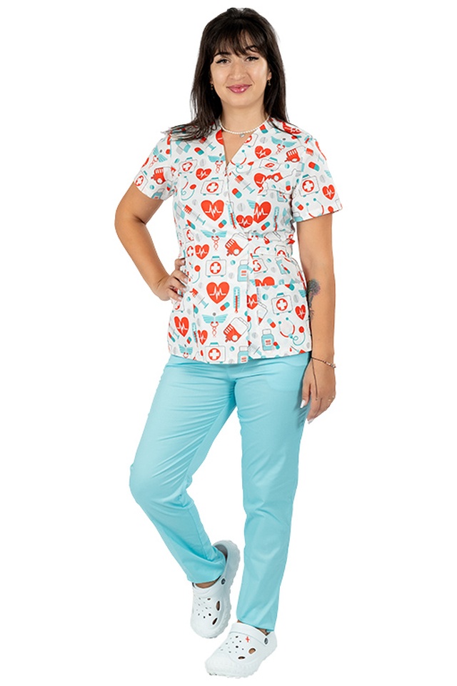 Costum medical kimono sanitario cu imprimeu si pantaloni elastic