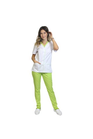 Costum medical format din bluza alb cu paspol lime si pantaloni lime cu elastic