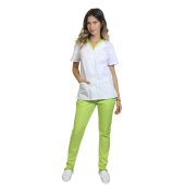 Costum medical format din bluza alb cu paspol lime si pantaloni lime cu elastic..