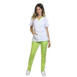 Costum medical format din bluza alb cu paspol lime si pantaloni lime cu elastic