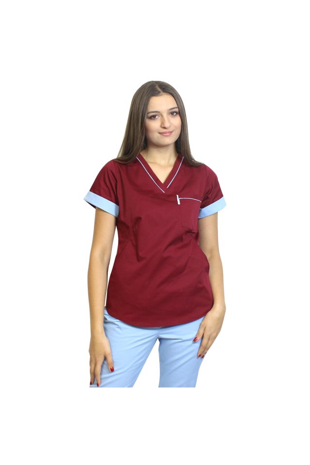 Costum medical format din bluza grena cu paspol bleu si pantaloni , model Amani