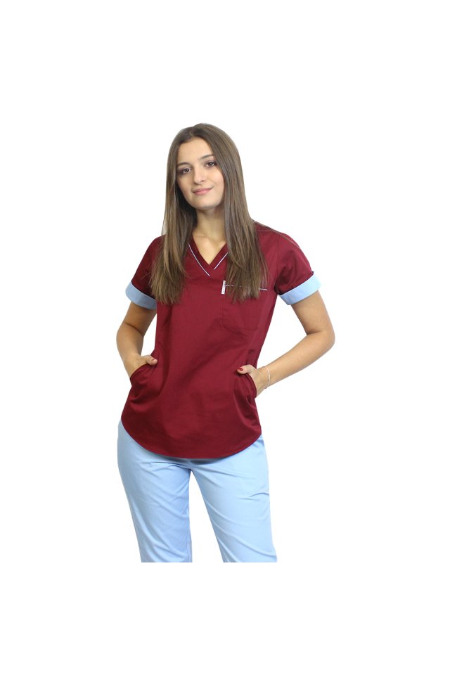 Costum medical format din bluza grena cu paspol bleu si pantaloni , model Amani