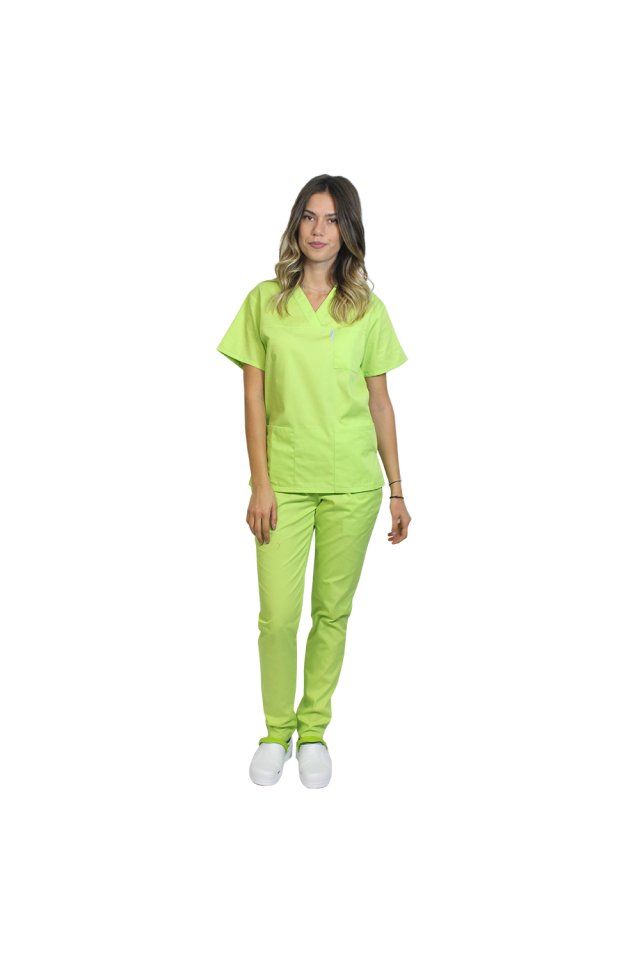 Costum medical lime cu bluza cu anchior in forma V si pantaloni lime cu elastic