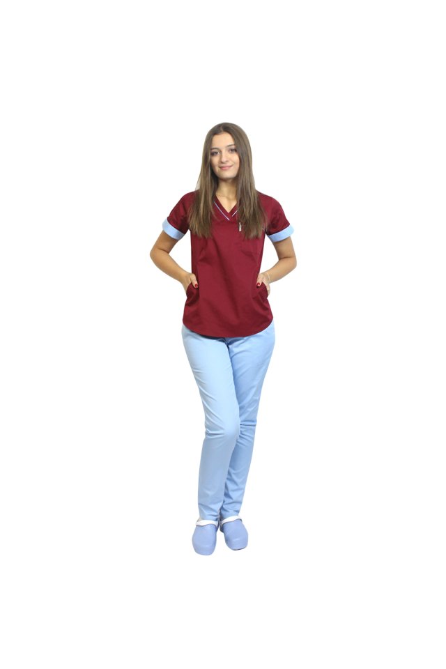 Costum medical format din bluza grena cu paspol bleu si pantaloni , model Amani