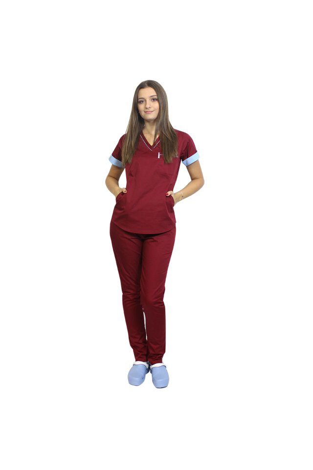 Costum medical format din bluza grena cu paspol bleu si pantaloni , model Amani