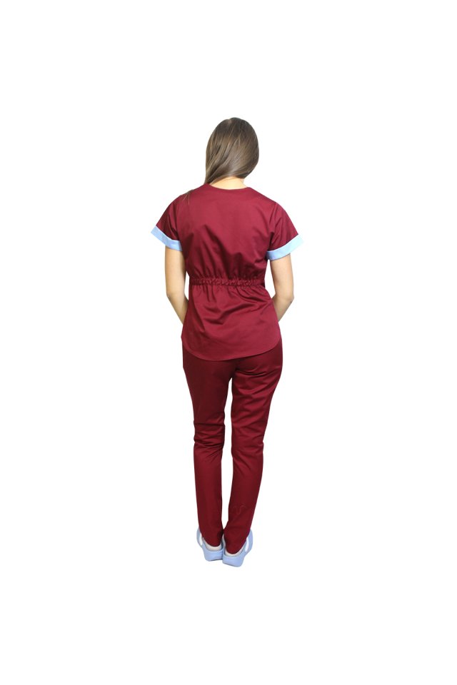 Costum medical format din bluza grena cu paspol bleu si pantaloni , model Amani