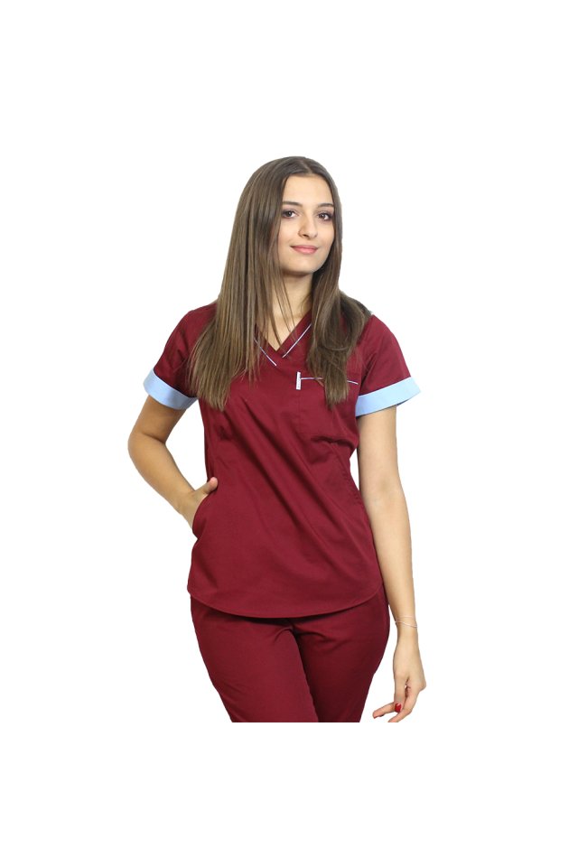 Costum medical format din bluza grena cu paspol bleu si pantaloni , model Amani