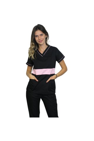 Halat medical negru cu roz pal, model Sofia
