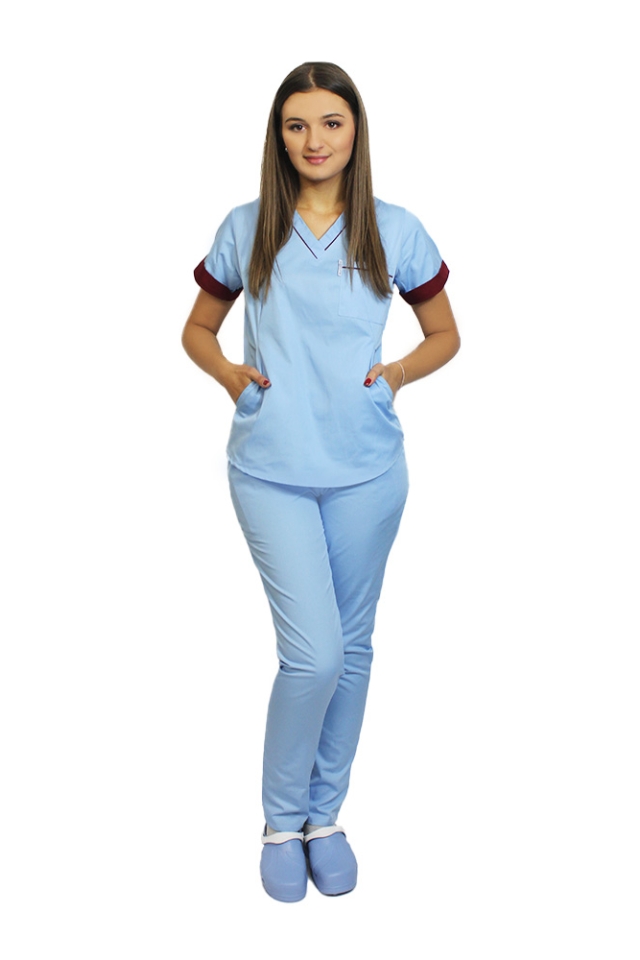 Costum medical format din bluza bleu cu paspol grena si pantaloni  bleu, model Amani