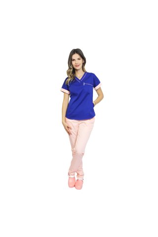 Costum medical format din bluza albastra cu paspol piersica si pantaloni , model Amani