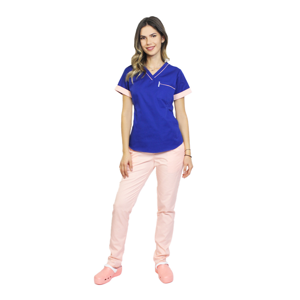 Costum medical format din bluza albastra cu paspol piersica si pantaloni , Amani