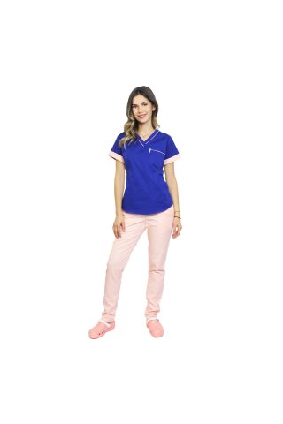 Costum medical format din bluza albastra cu paspol piersica si pantaloni , model Amani