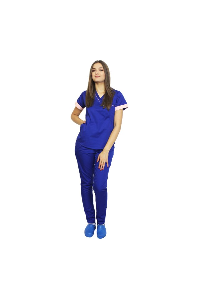 Costum medical format din bluza albastra cu paspol piersica si pantaloni , model Amani