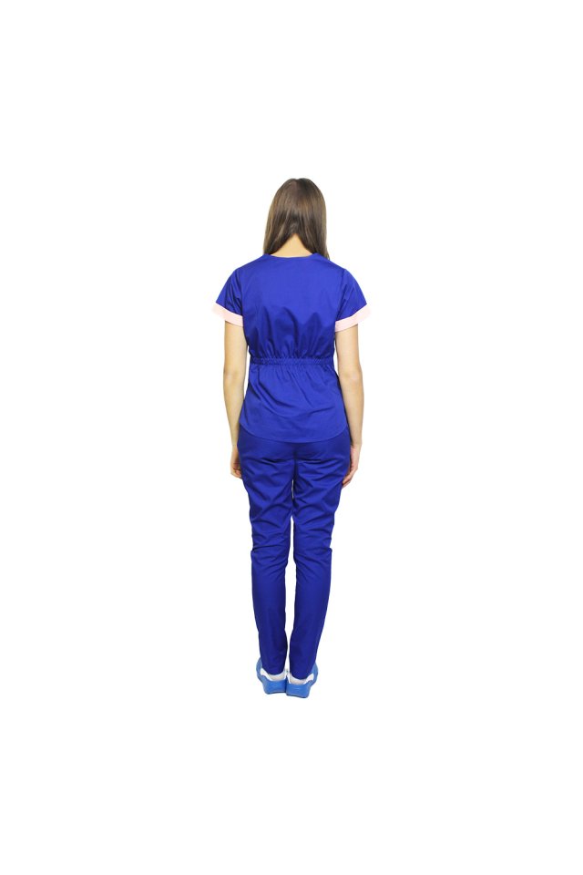 Costum medical format din bluza albastra cu paspol piersica si pantaloni , model Amani