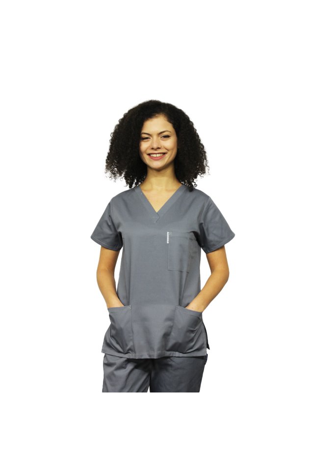 Costum medical gri, bluza cu anchior in V, trei buzunare si pantaloni cu elastic