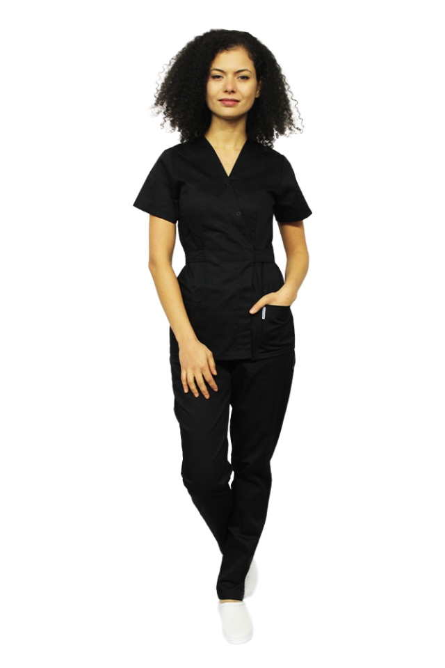 Costum medical negru, cu bluza tip kimono si pantaloni cu elastic