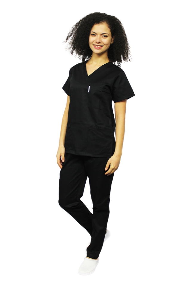 Costum medical negru cu bluza cu anchior in forma V si pantaloni negri cu elastic