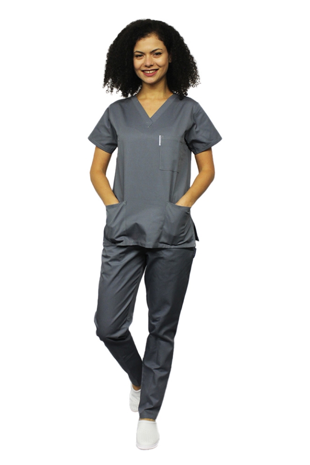 Costum medical gri, bluza cu anchior in V, trei buzunare si pantaloni cu elastic