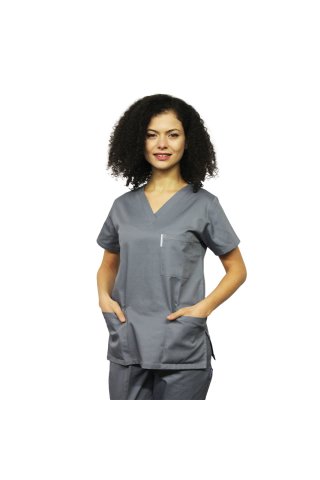 Uniforma de lucru gri, bluza cu anchior in V, trei buzunare si pantaloni cu elastic