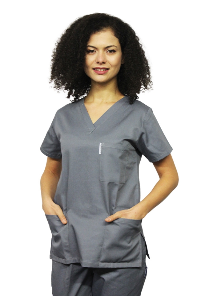 Costum medical gri, bluza cu anchior in V, trei buzunare si pantaloni cu elastic