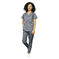 Costum medical gri, bluza cu anchior in V, trei buzunare si pantaloni cu elastic