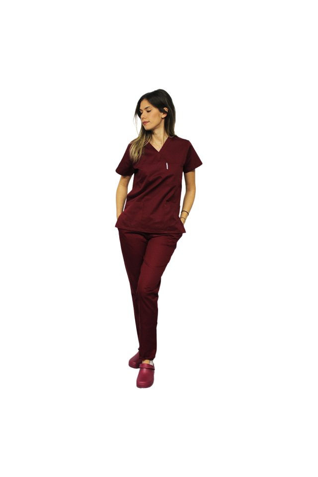 Costum medical grena, bluza cu anchior in V, trei buzunare si pantaloni cu elastic