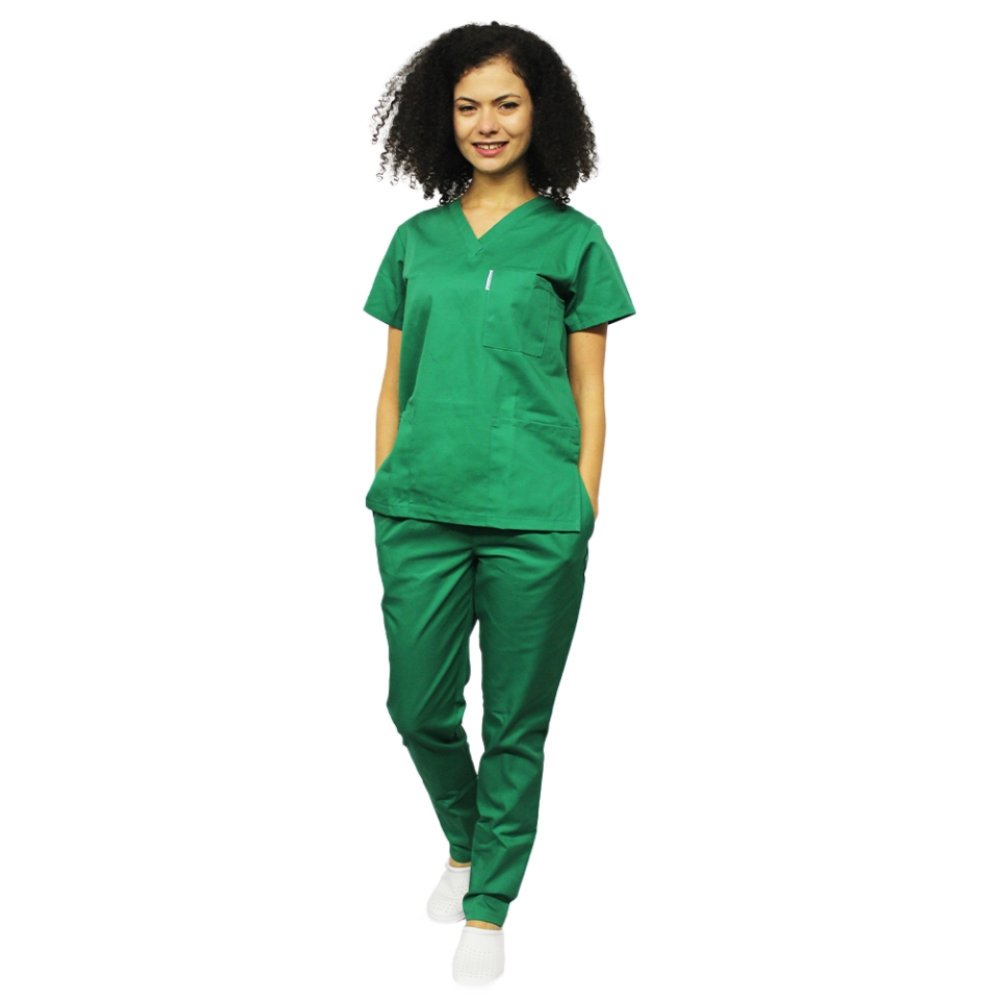 Pachet costum medical in v verde cu saboti, cadou boneta