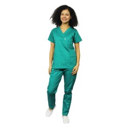 Costum medical verde chirurgical, cu bluza cu anchior in V si pantaloni verde chirurgical 
