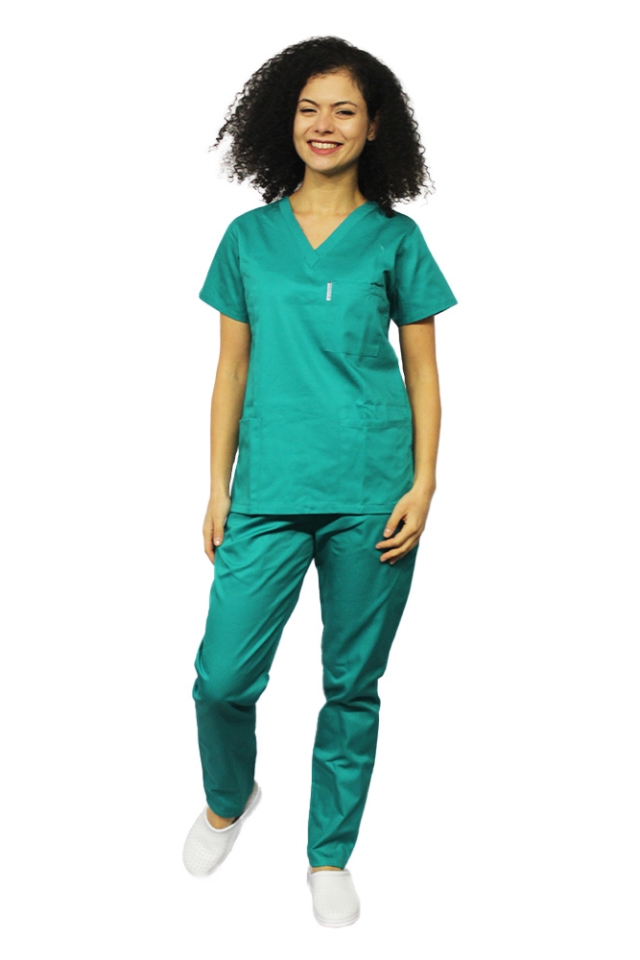 Costum medical verde chirurgical, cu bluza cu anchior in V si pantaloni verde chirurgical ..