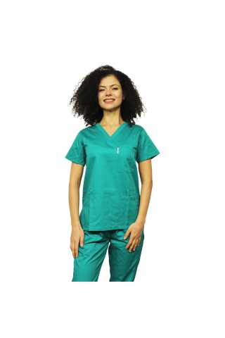 Costum medical verde chirurgical, cu bluza cu anchior in V si pantaloni verde chirurgical 