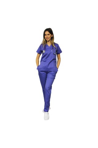 Costum medical mov, bluza cu anchior in V, trei buzunare si pantaloni cu elastic